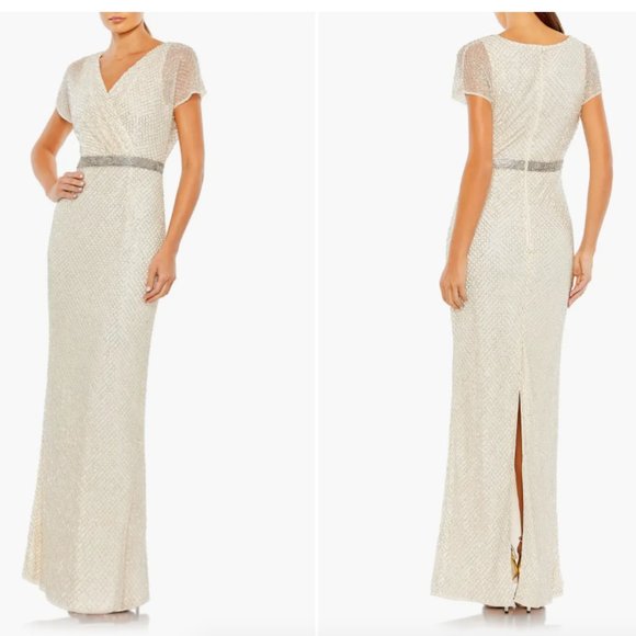 MAC DUGGAK 93678 BEADED BUTTERFLY SLEEVE NUDE/SILVER COLUMN GOWN sz 8 - Picture 3 of 3